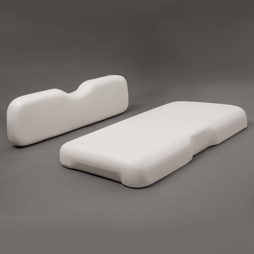White golf cart seat bottom cushion and backrest, angled view