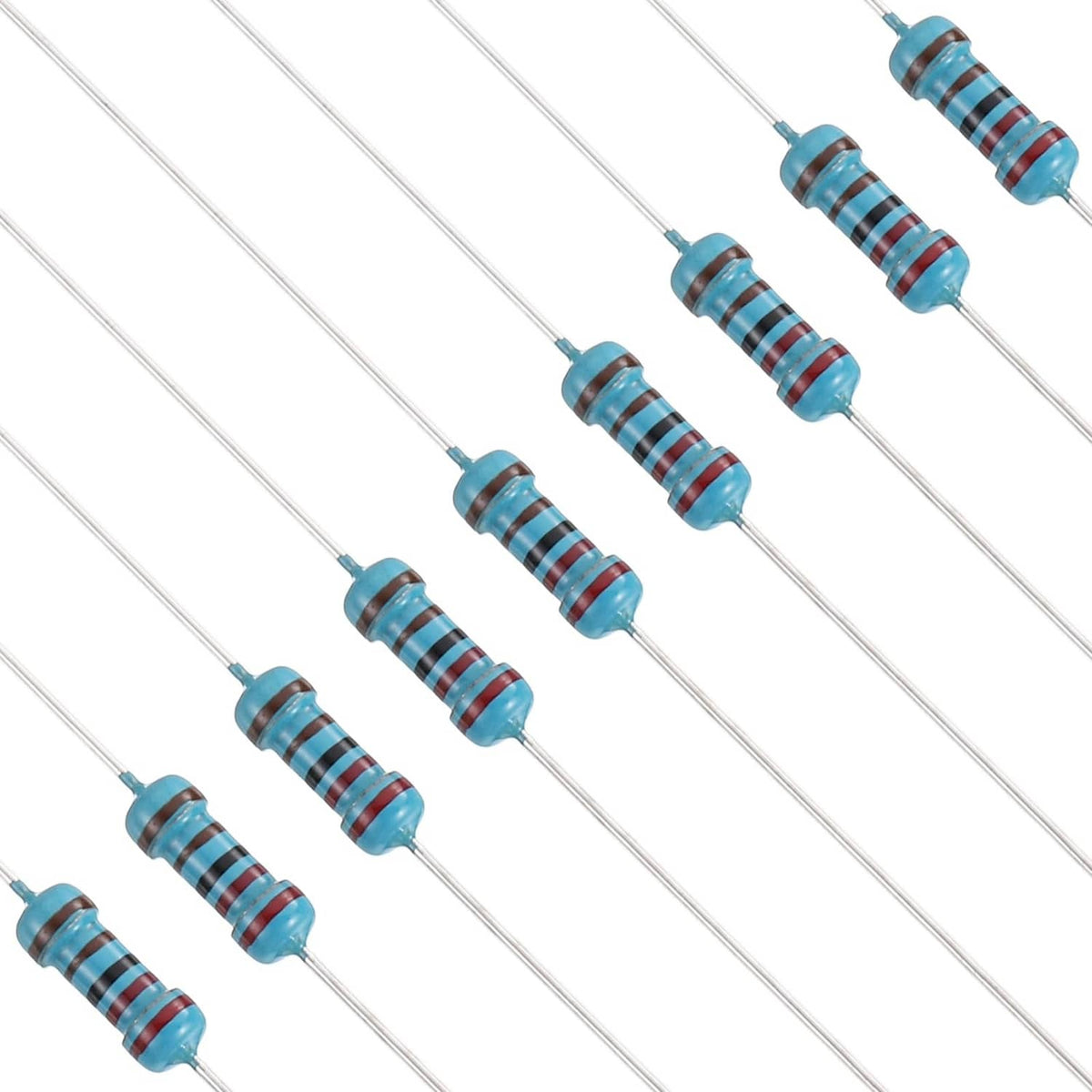 Metal film through-hole resistors with blue body and red stripe, axial leads