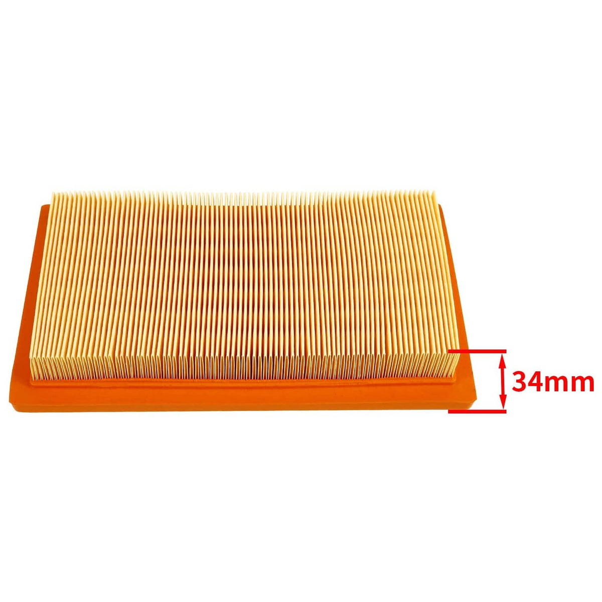 Pleated air filter element with orange frame and yellow media; 34mm height shown