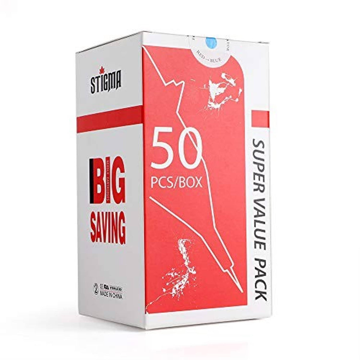 Disposable tattoo cartridge box with 50 pcs/box and super value pack text