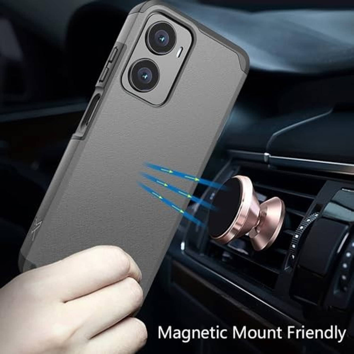 Gray phone case with camera cutouts, shown on a magnetic car mount