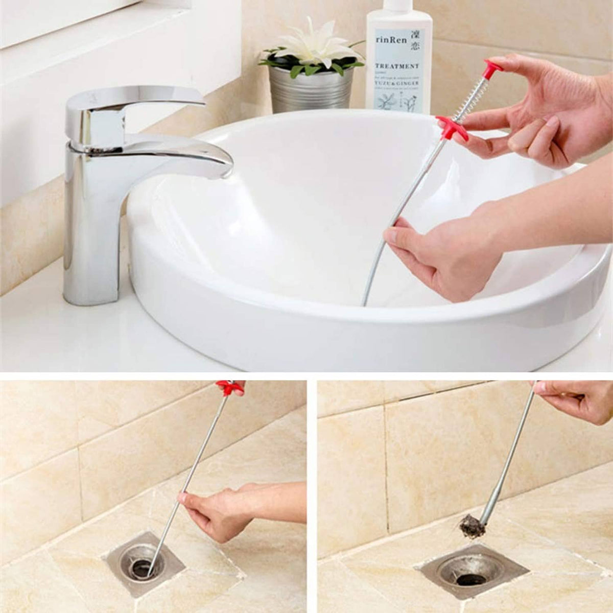 Extendable magnetic pick-up tool with red spring clip for reaching drain openings