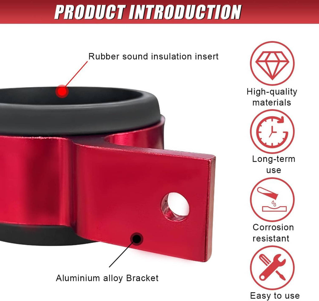 Red aluminum bracket with black rubber sound-insulation insert and mounting holes