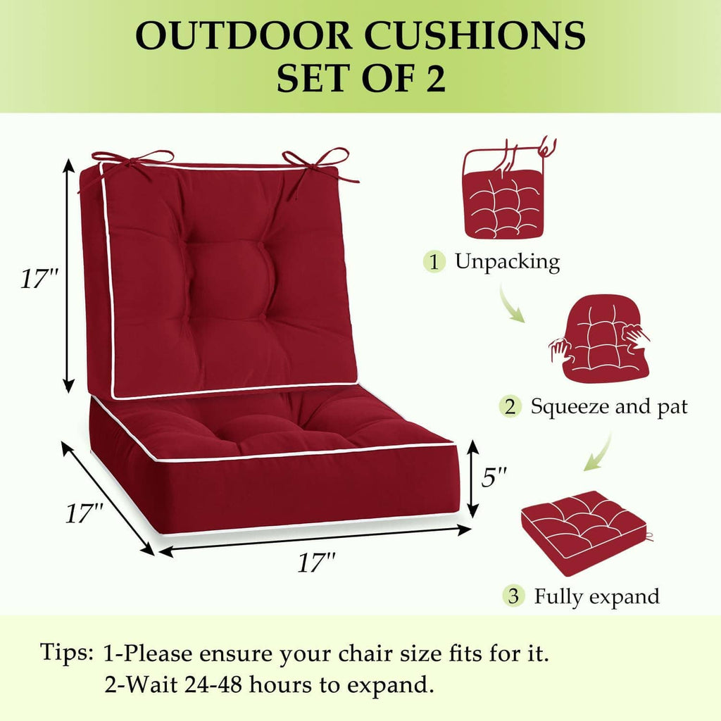 Set of 2 red patio chair cushions, tufted square seat pads with tie straps