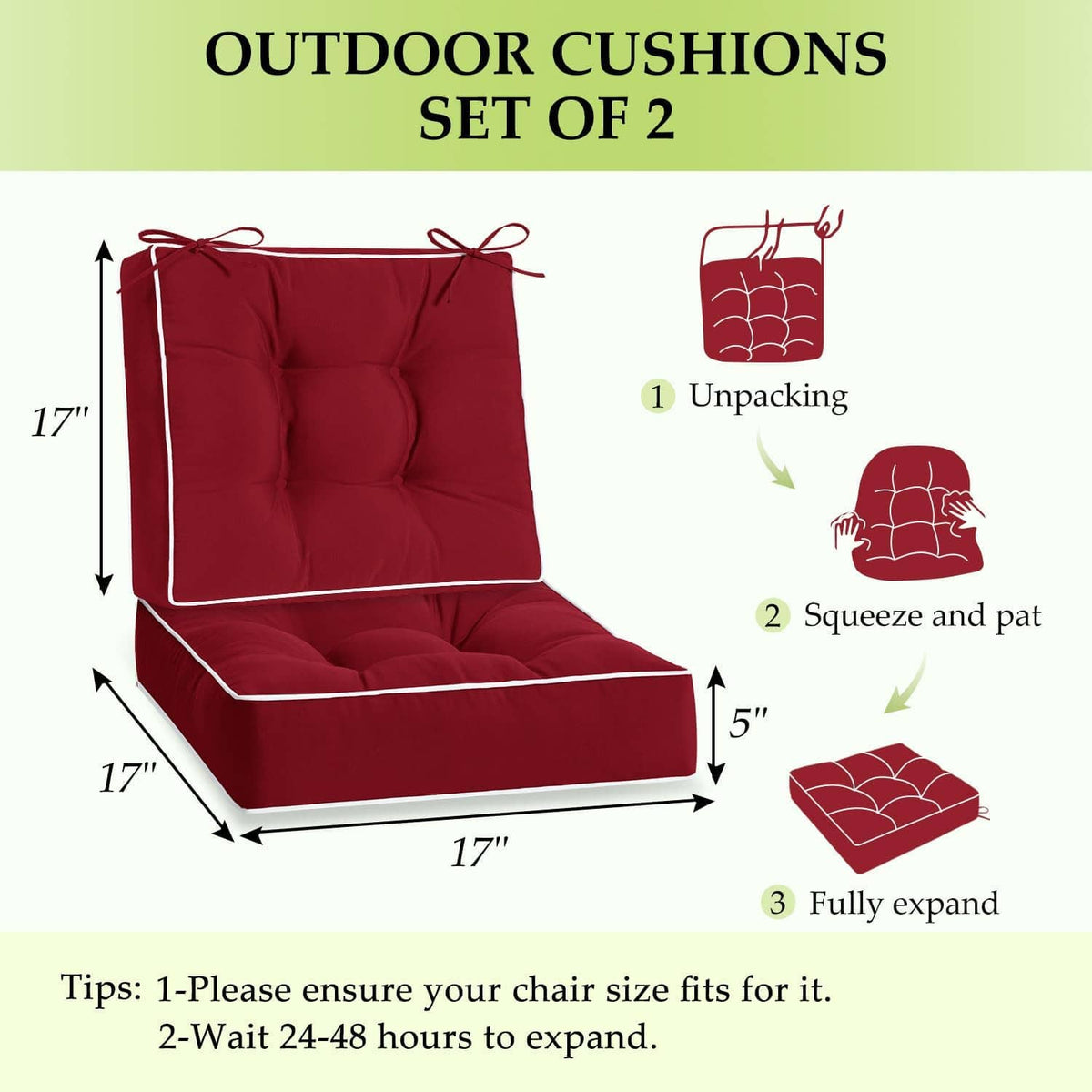 Set of 2 red patio chair cushions, tufted square seat pads with tie straps
