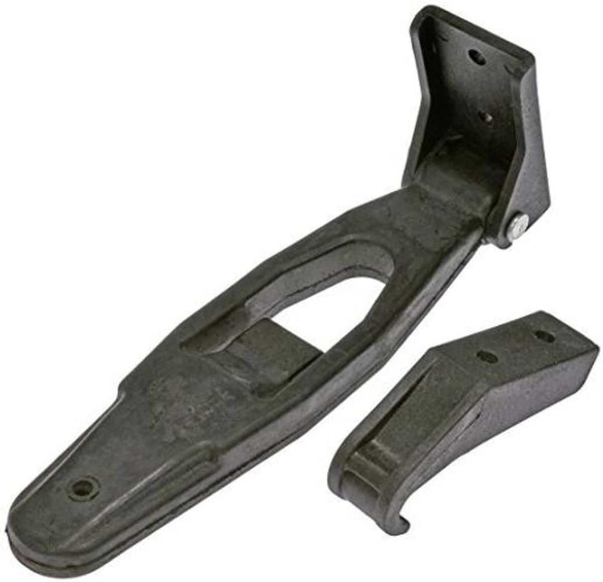 Hood latch assembly bracket with latch handle and separate mounting base, dark metal
