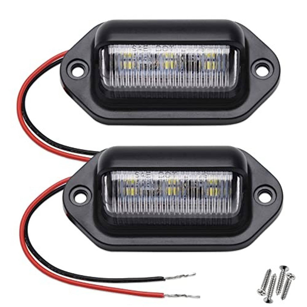 Two black LED license plate lights with clear lens and red/black power wires