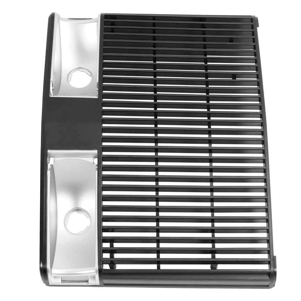 Tractor grille angled view with black slat bars and silver mounting side openings