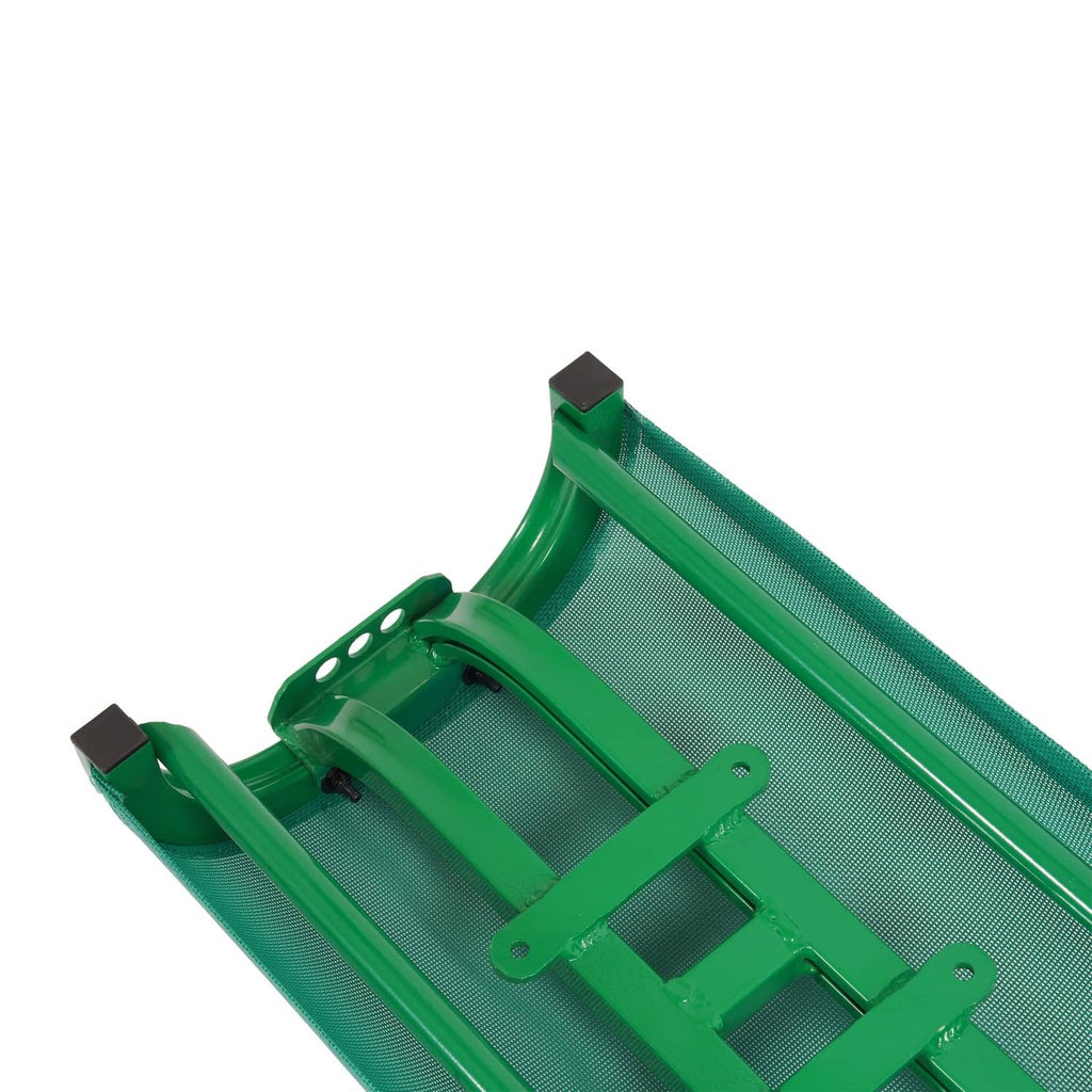 Green mesh seat with exposed metal crossbars and end mounting brackets