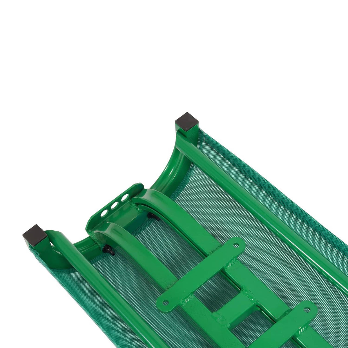 Green mesh seat with exposed metal crossbars and end mounting brackets
