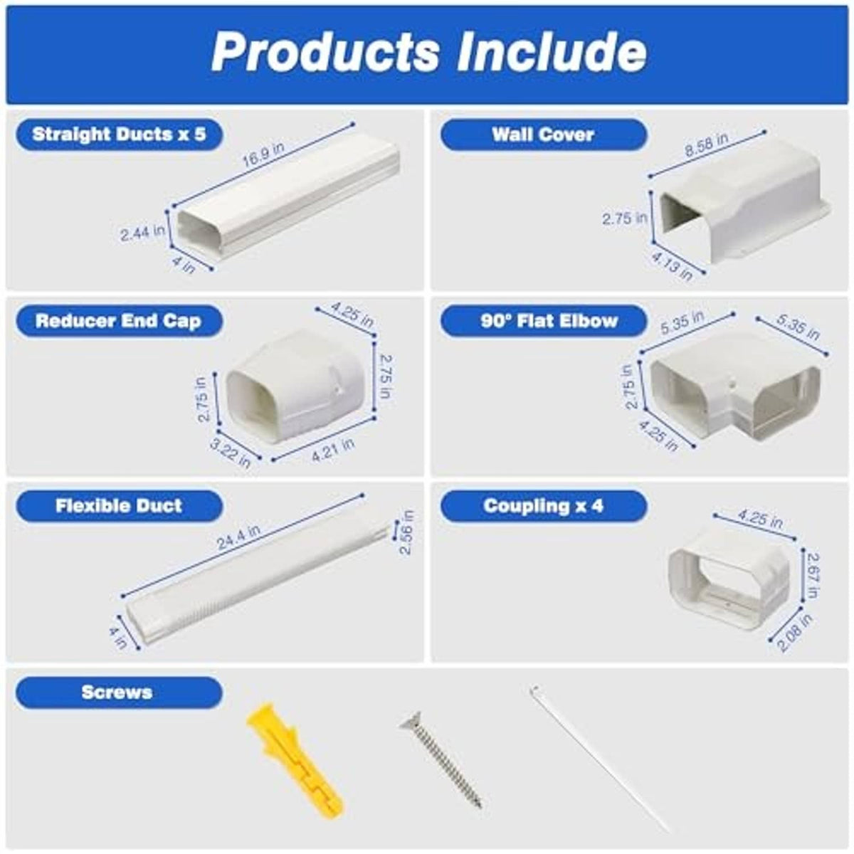 Mini-split line set cover kit includes straight ducts, elbows, reducer caps, and screws