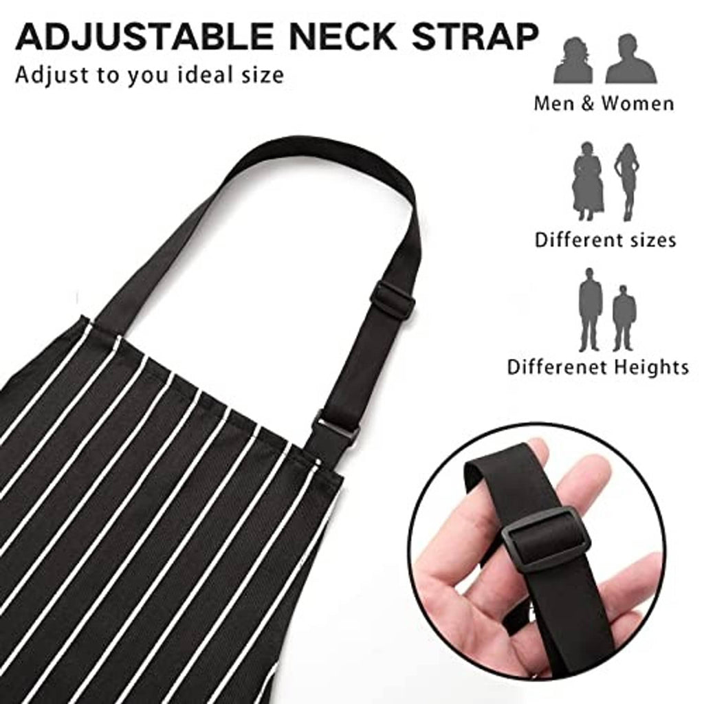 Black striped bib apron with adjustable neck strap and sliding buckle