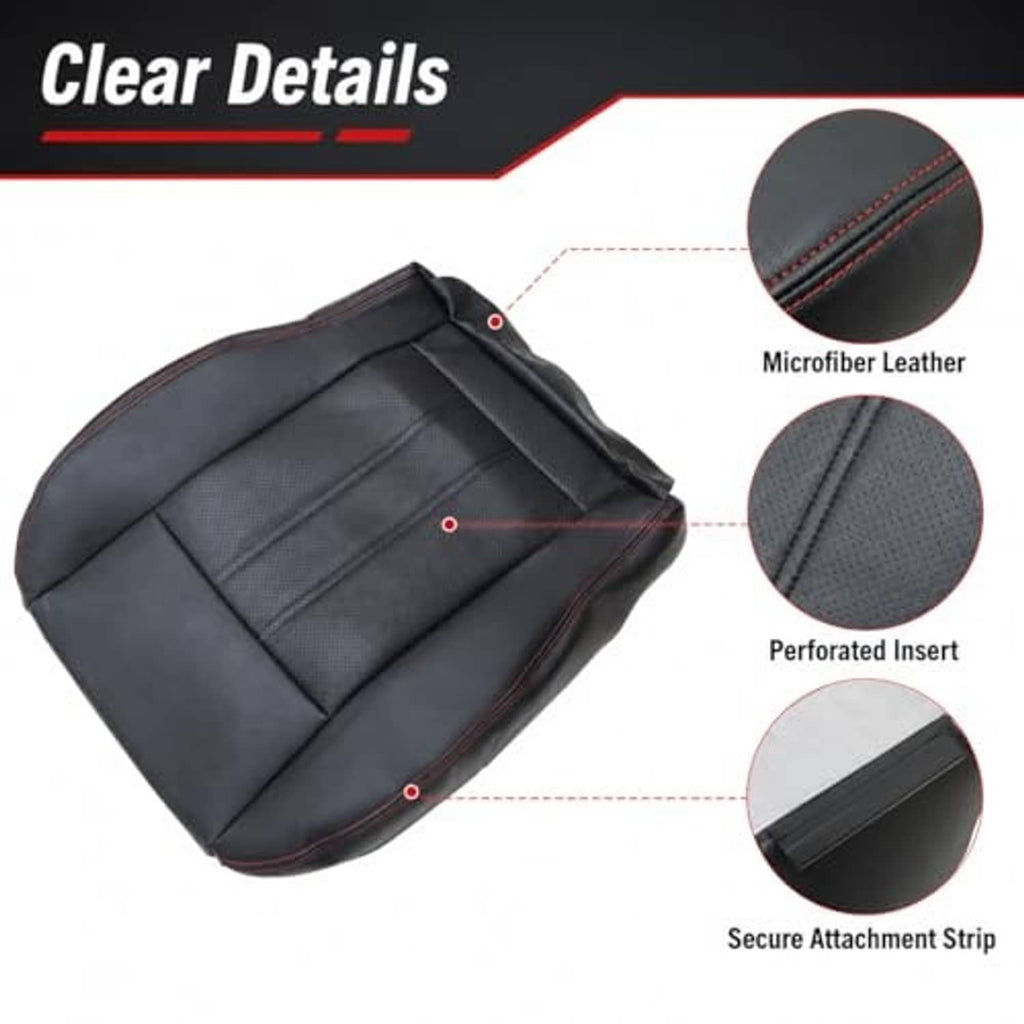 Black seat cover replacement with perforated insert, secure attachment strip, and red stitching.