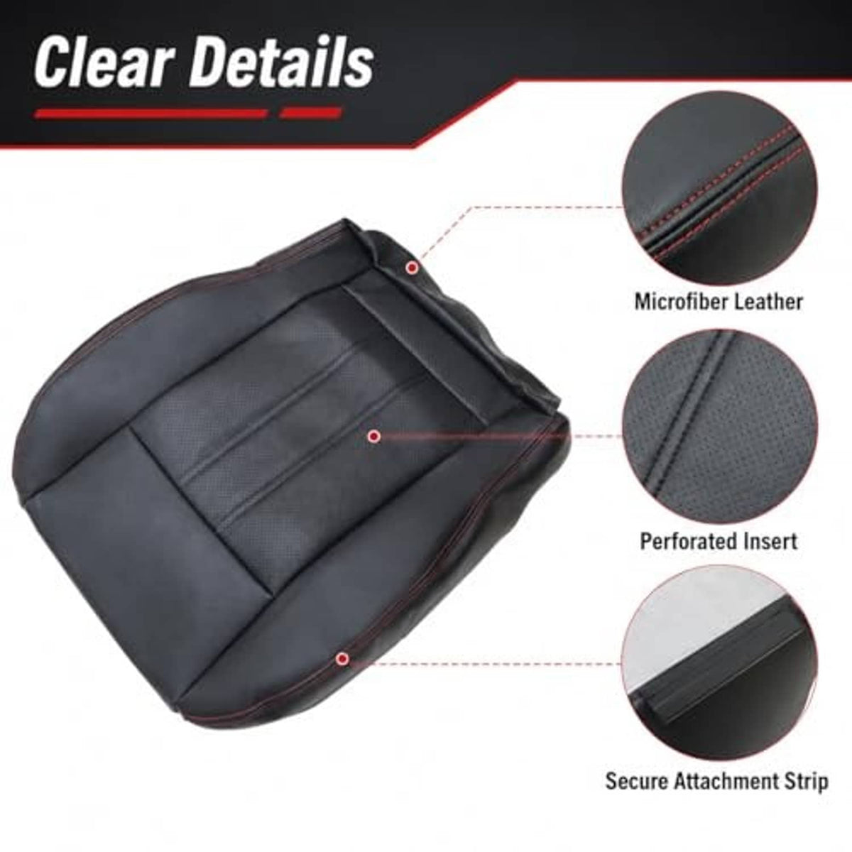 Black seat cover replacement with perforated insert, secure attachment strip, and red stitching.