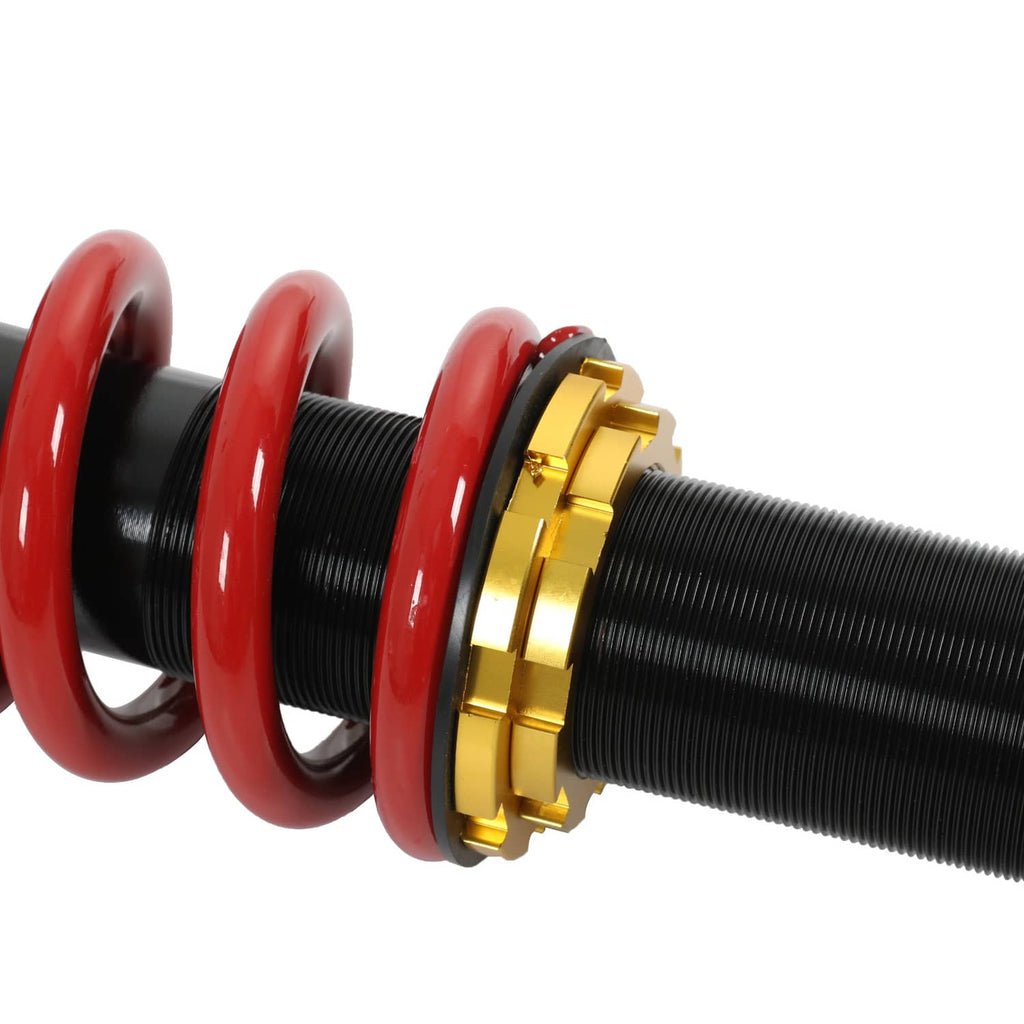 Close-up of red coil springs and black threaded shock body with gold adjustment ring
