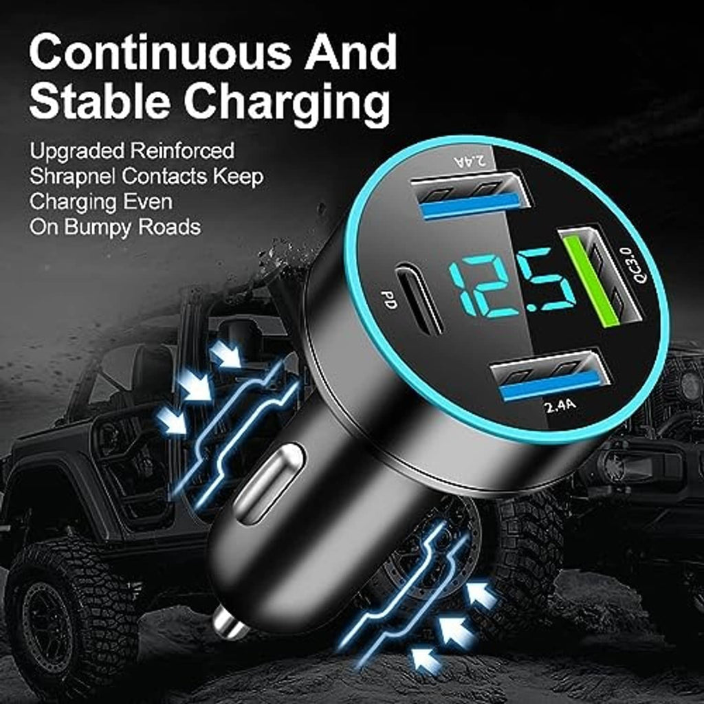 Car phone charger with round LED display and multi-port USB outputs
