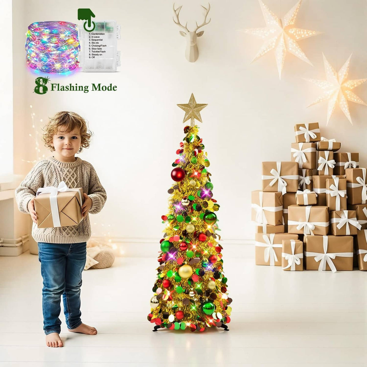 3ft pop-up Christmas tree with star topper, flashing LED lights and colorful ornament baubles