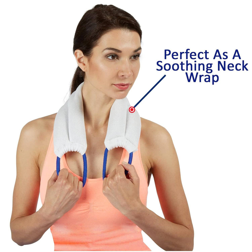 White neck wrap on a woman’s neck with blue cords for soothing comfort