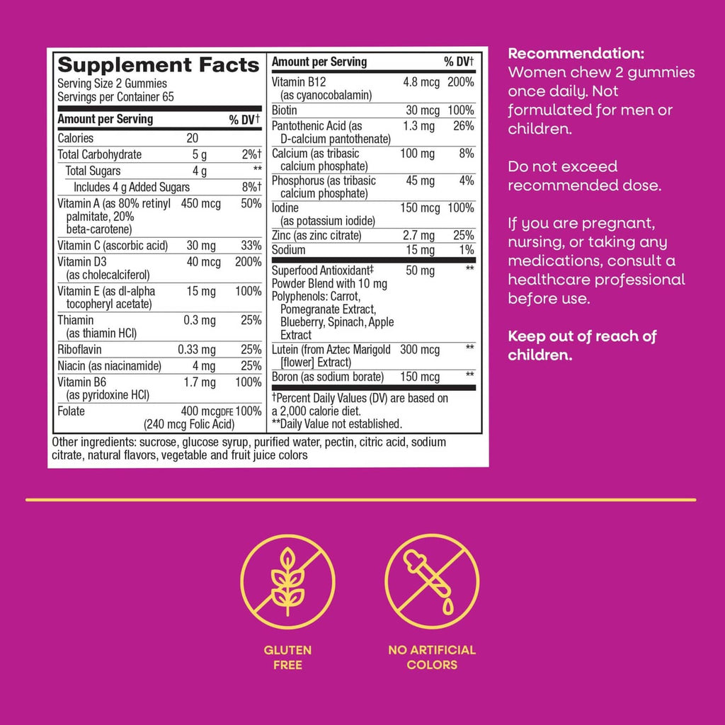 Supplement Facts label for multivitamin gummy supplement on a purple backing