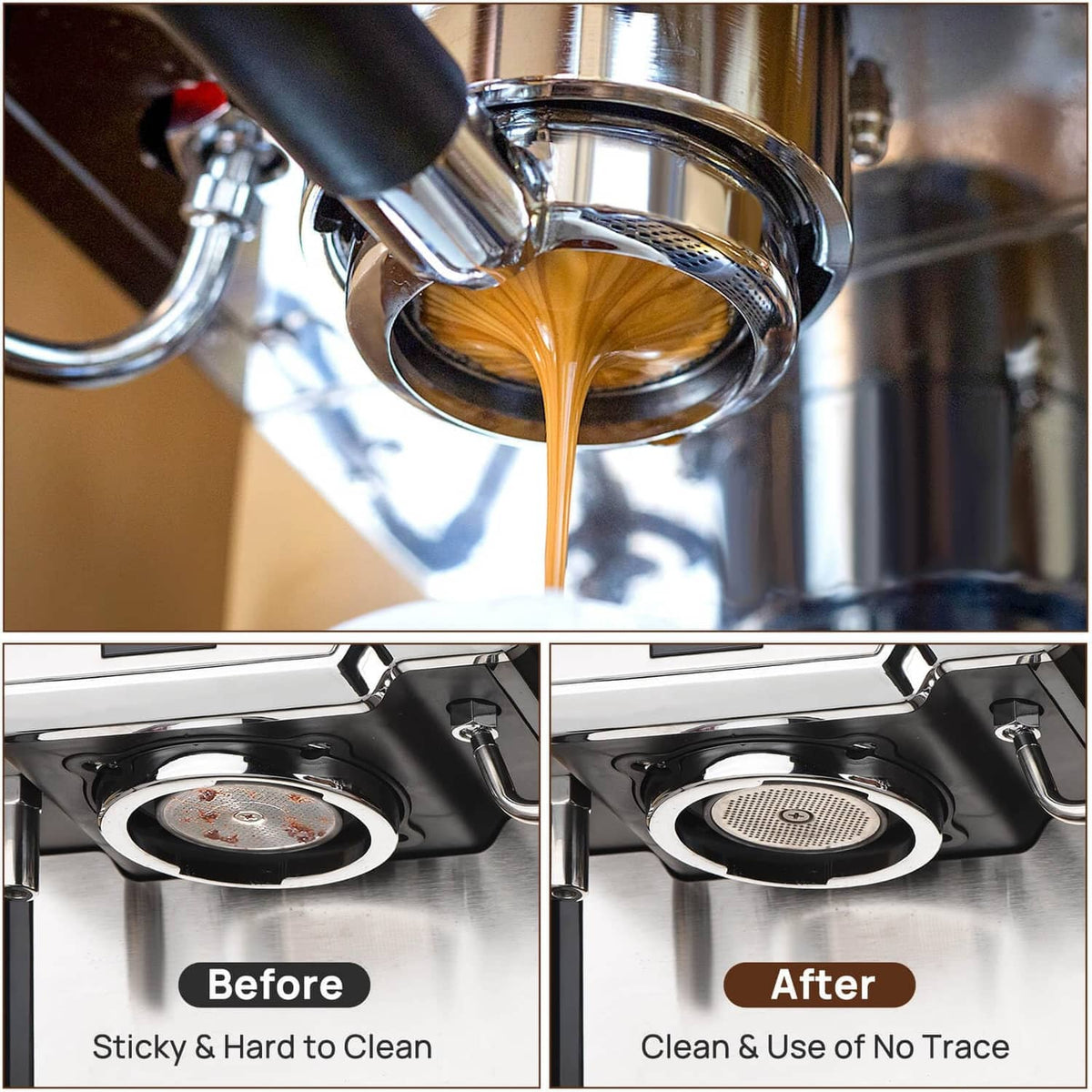 Espresso stream passing through stainless puck screen; fine mesh round disc