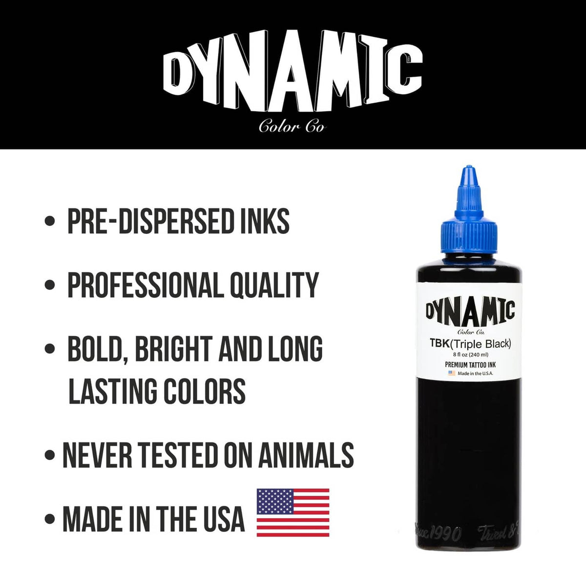 Dynamic Color Go TBK (Triple Black) ink bottle with blue cap.