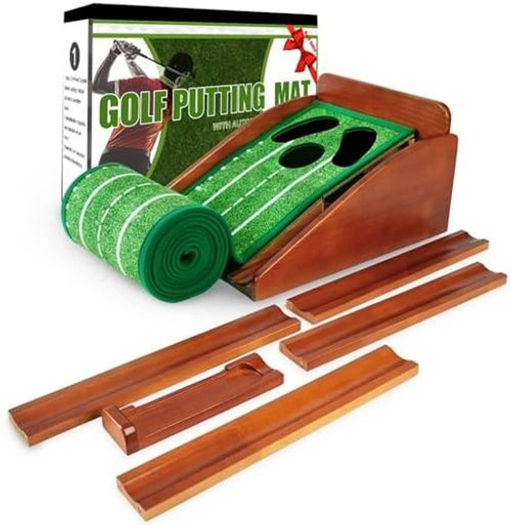 Indoor golf putting mat with auto ball return, green putting surface and wooden rails