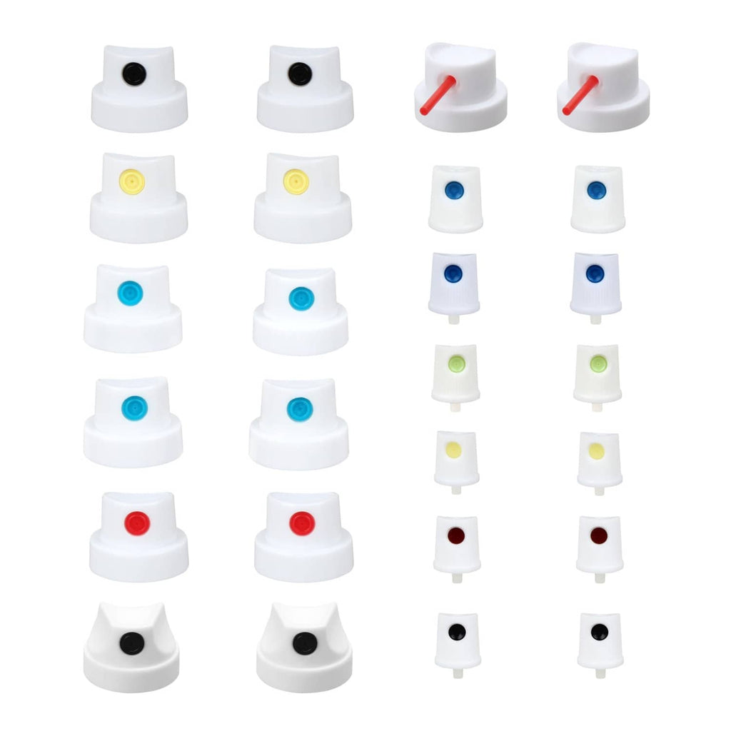 Set of universal spray paint nozzle caps, white with colored valve centers (26 pcs)