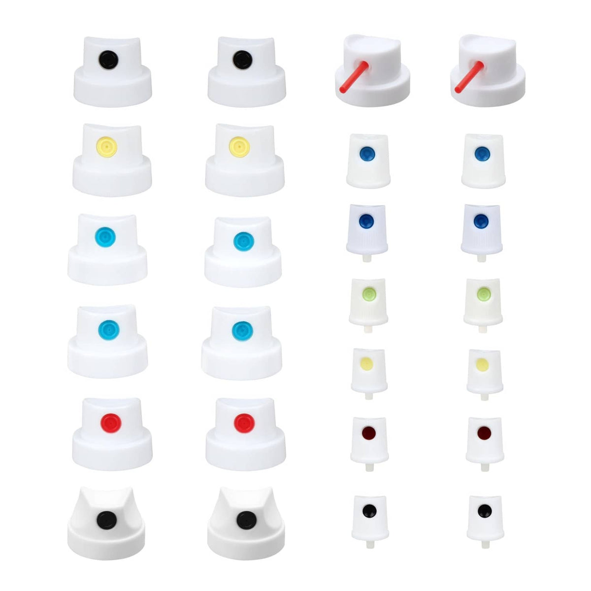 Set of universal spray paint nozzle caps, white with colored valve centers (26 pcs)