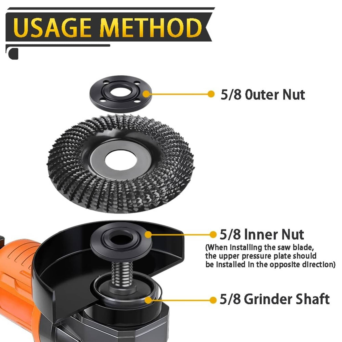 Angle grinder nut flange set: outer nut, inner nut, and grinder shaft mount, black