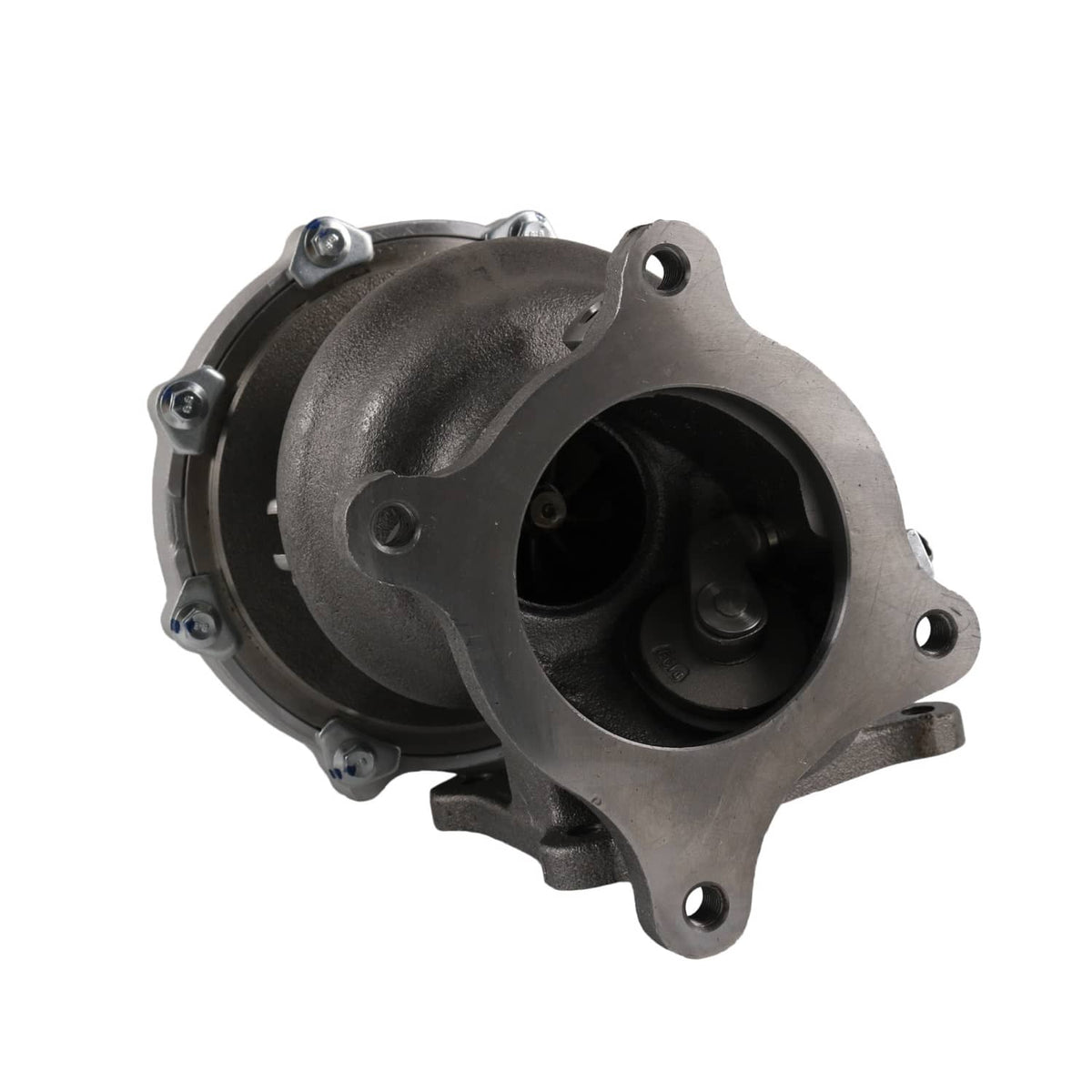 Turbocharger rear view with circular black turbine opening and mounting bolt holes