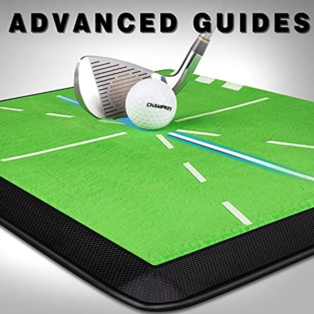 Green golf hitting mat with white guide lines, golf ball near center, and CHAMPKEY branding