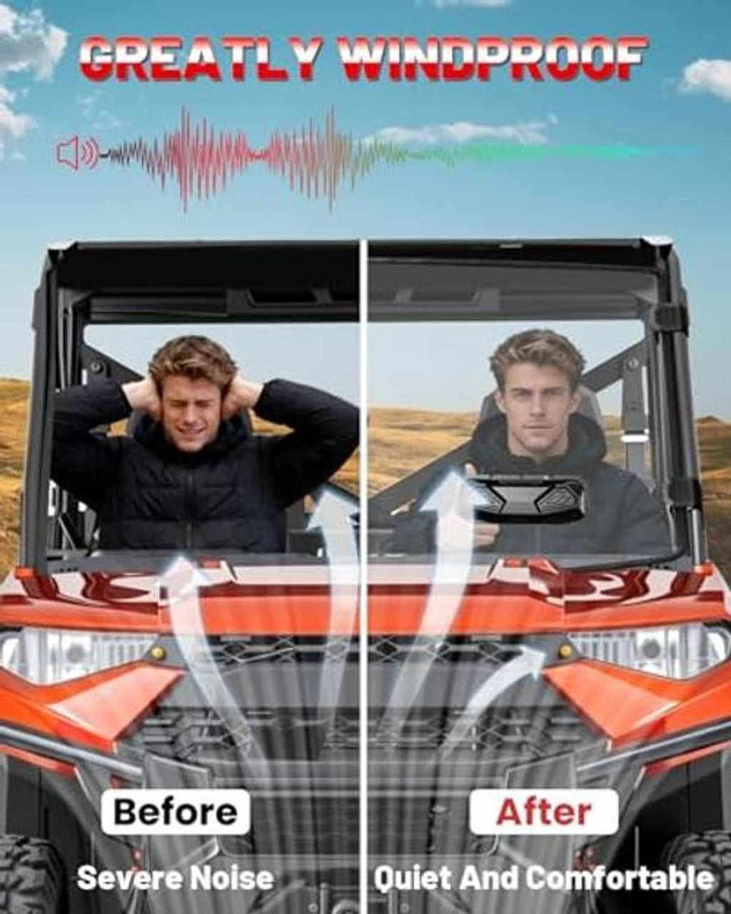 Windshield panel with vent design for quieter ride, shown before and after