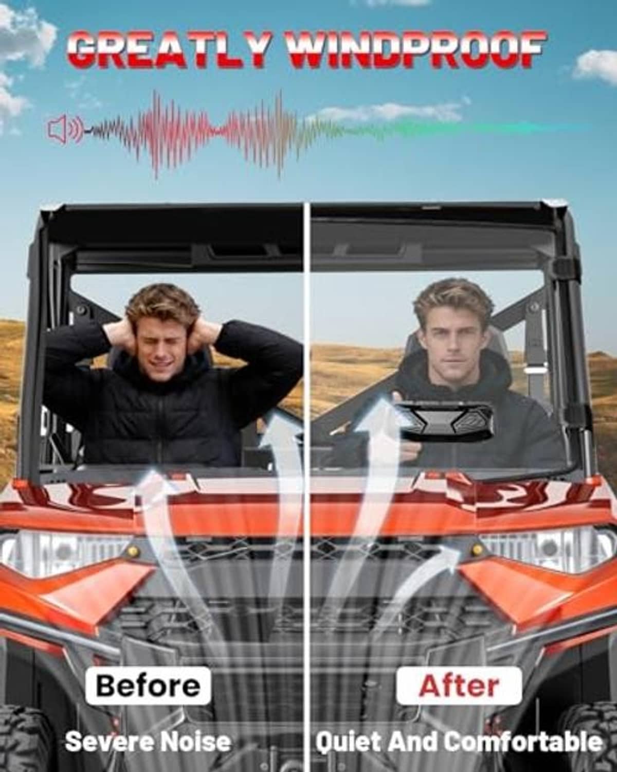 Windshield panel with vent design for quieter ride, shown before and after