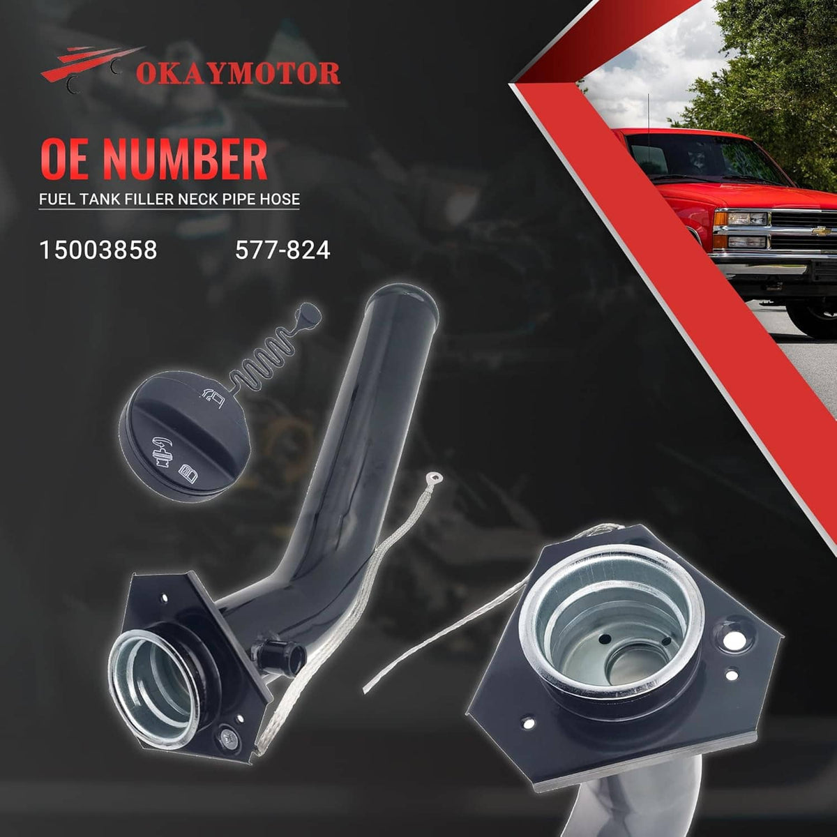 Fuel filler neck hose kit with cap, spring, and metal mounting flange
