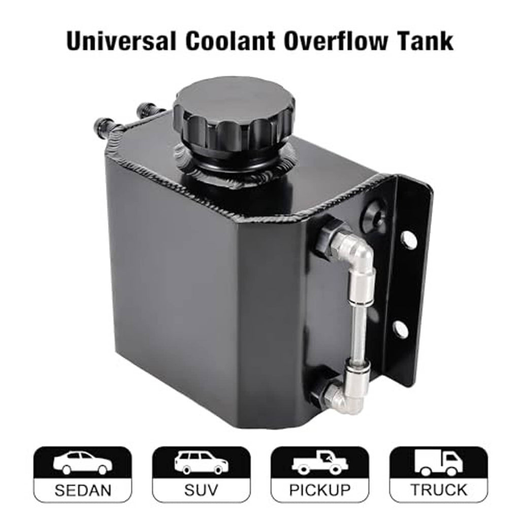 Universal coolant overflow tank reservoir with corner fittings and black mounting plate