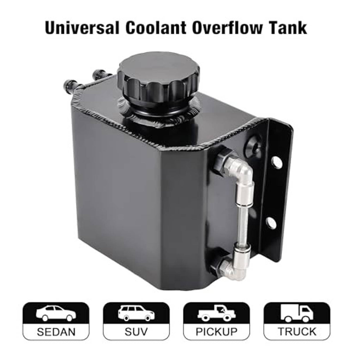 Universal coolant overflow tank reservoir with corner fittings and black mounting plate