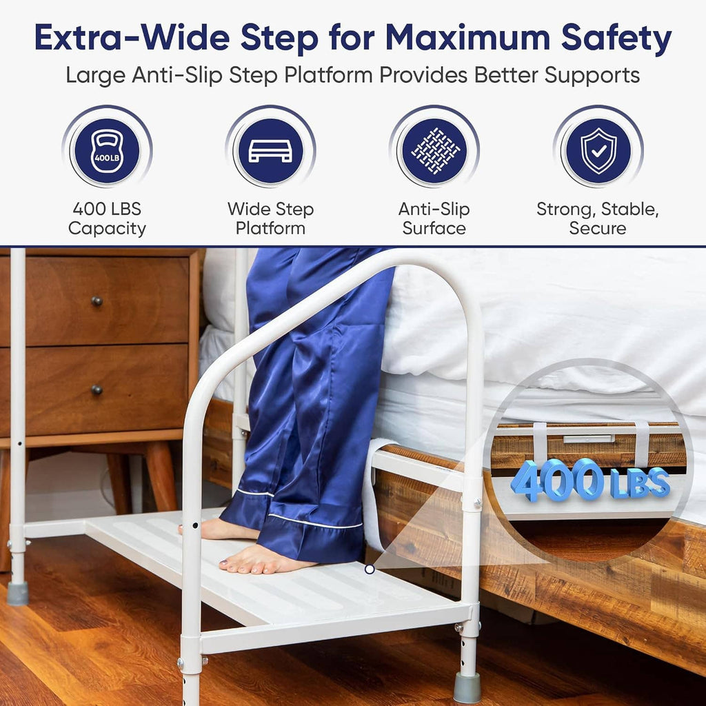 Extra-wide bed step stool with large anti-slip step platform and strong stable base