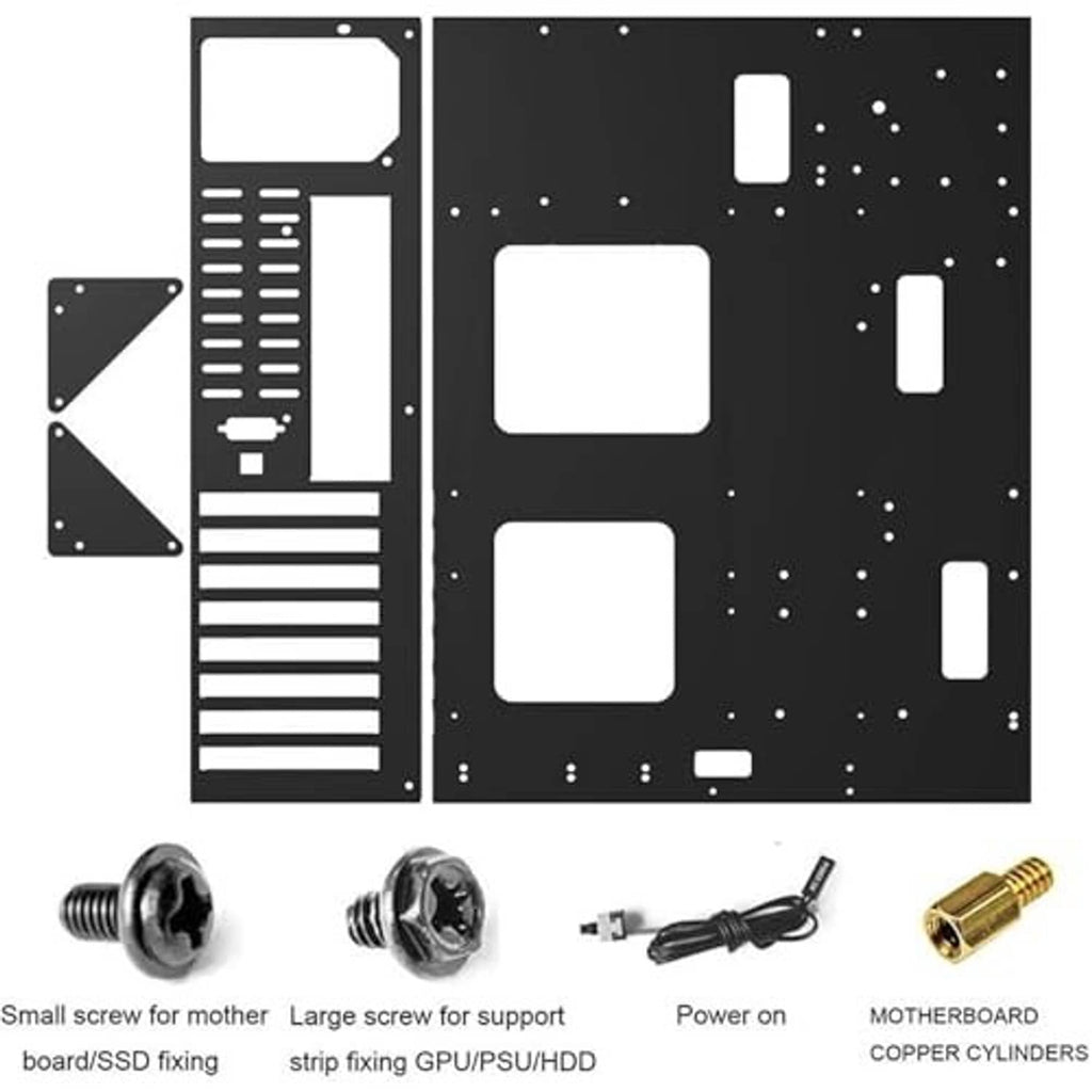 Metal motherboard mounting backplate template with screw holes and cutout ports