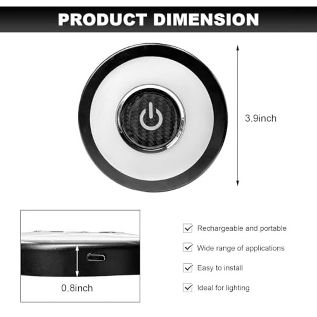 Round LED car roof light with central power button, shown with size indicator