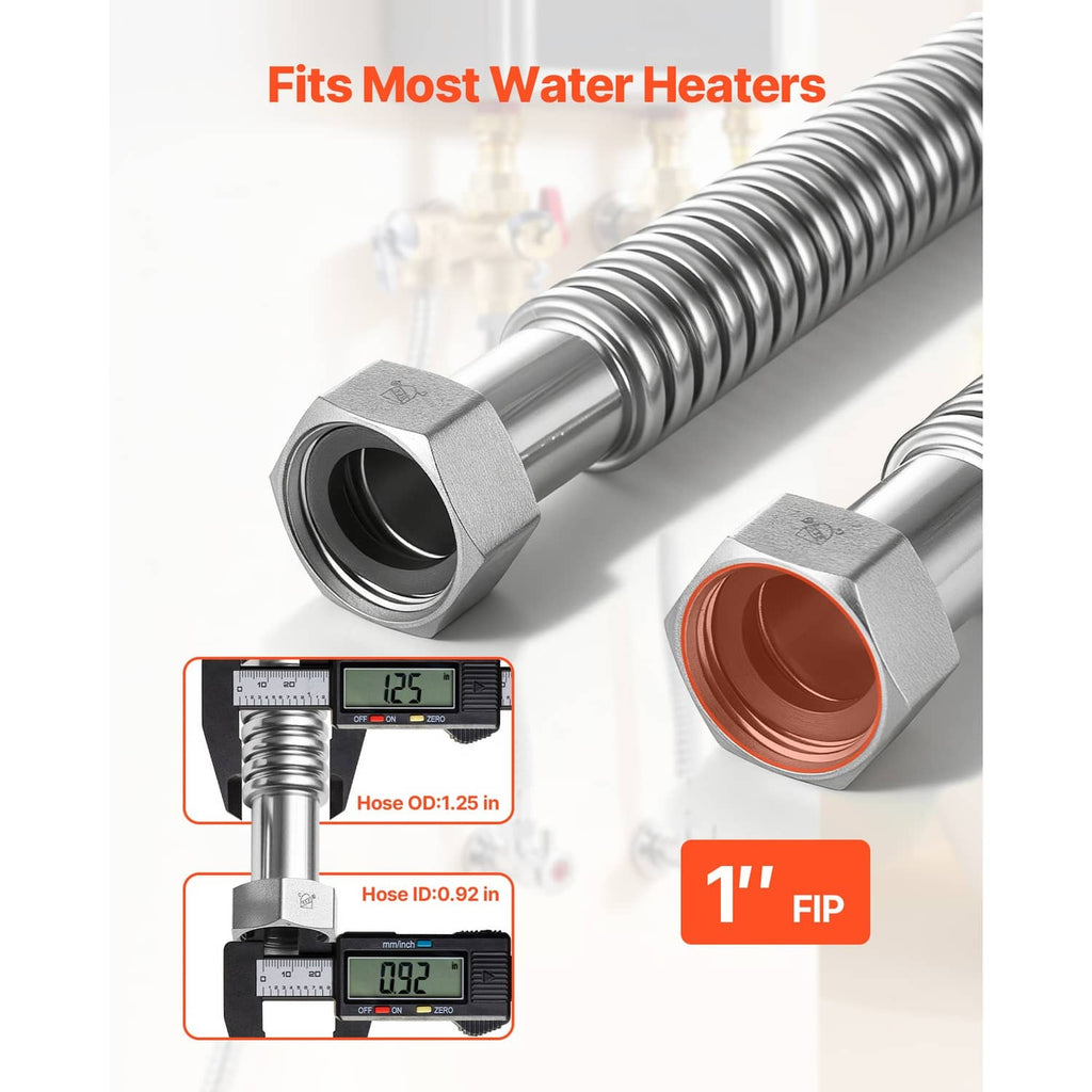 Stainless steel flex connector hoses showing 1-inch flip-on fittings and coupler ends