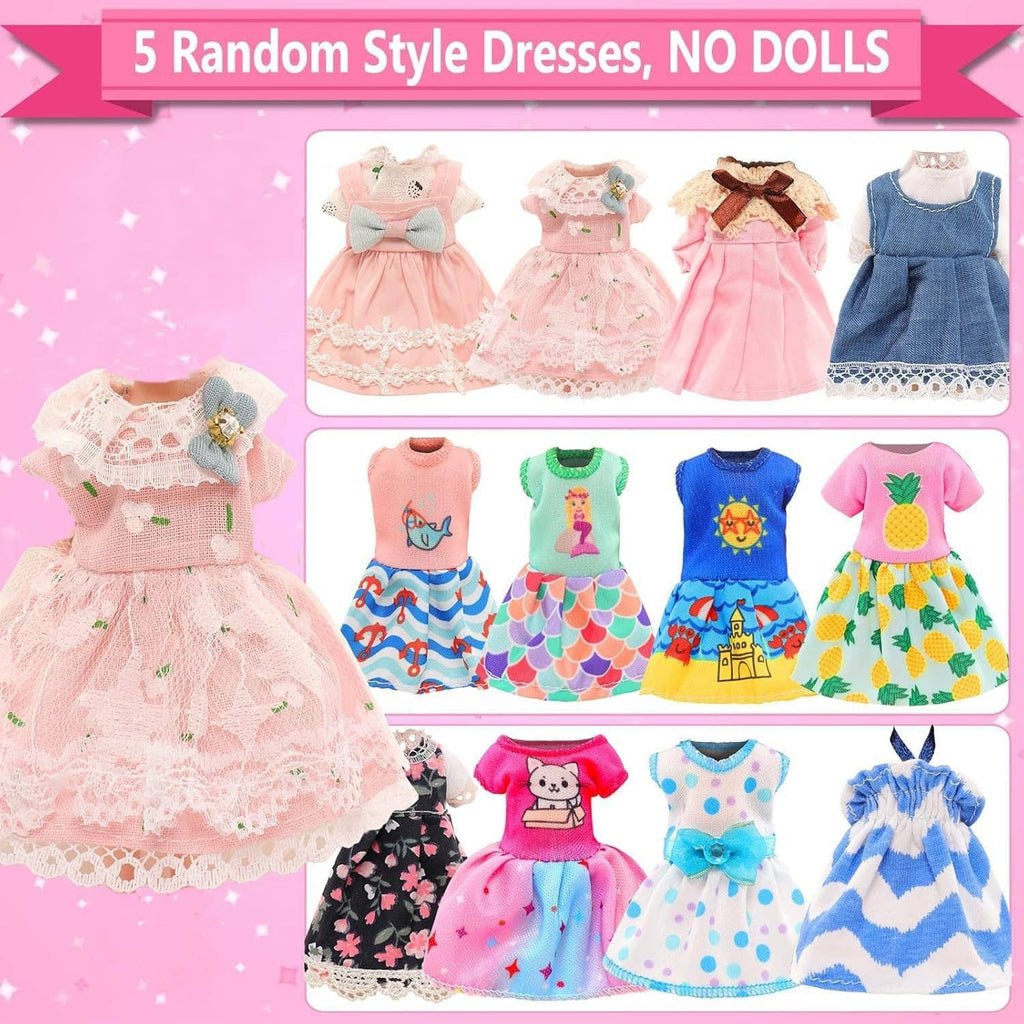 Set of five random style doll dresses, pastel and bright prints, for 5-inch dolls