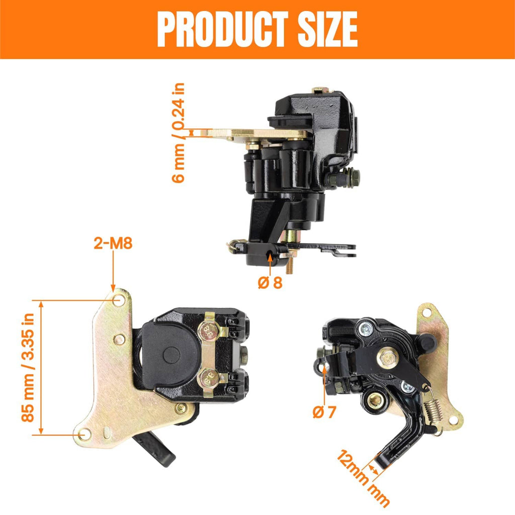 Rear brake caliper assembly with mounting plates shown with size diagram