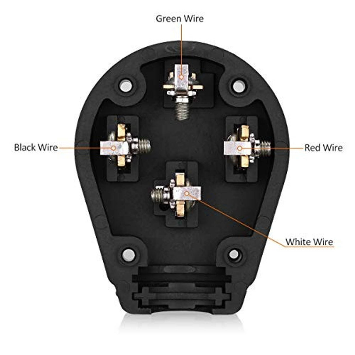 Electric dryer power plug wiring terminal block with red, black, white, and green leads