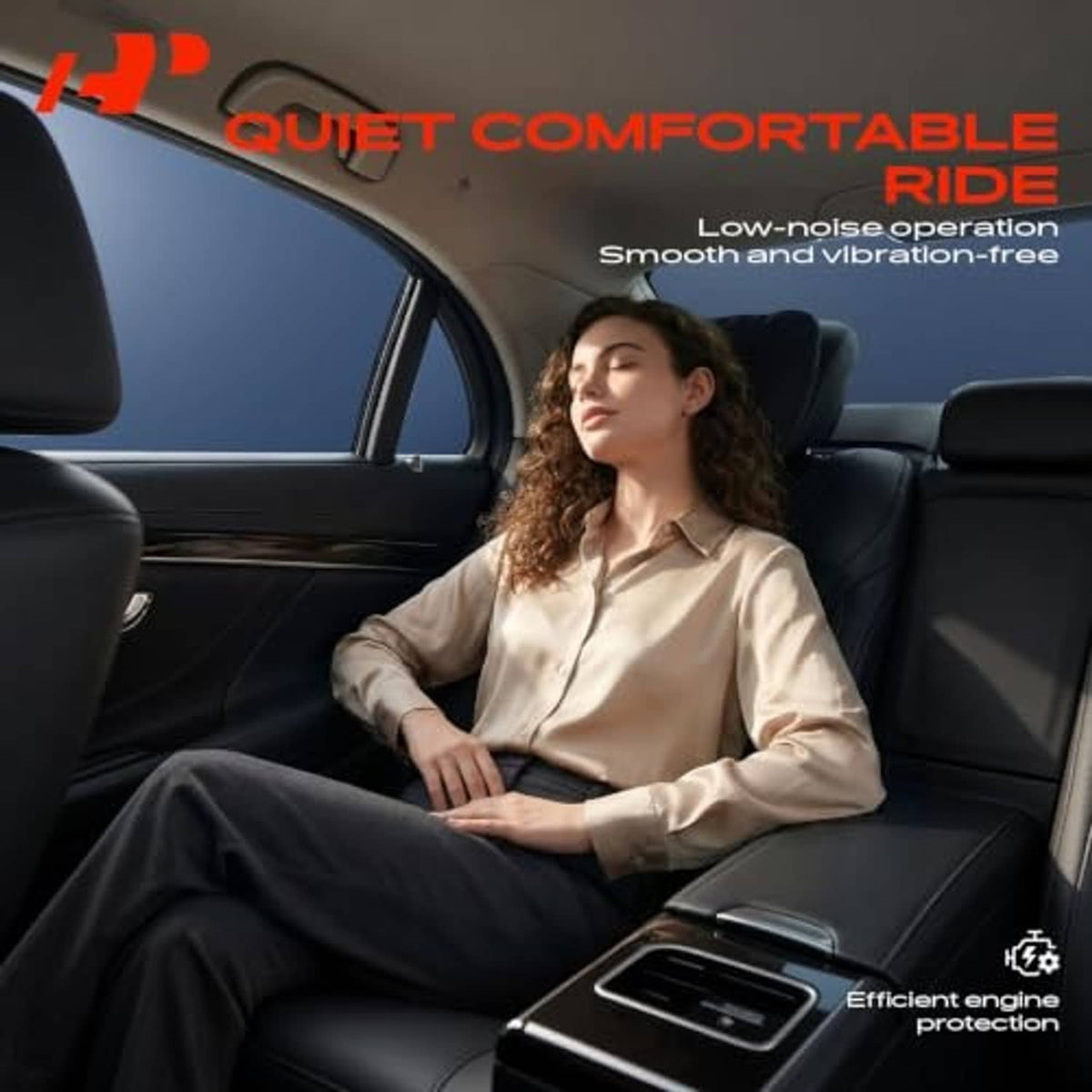 Radiator fan motor in vehicle interior context with seated driver.