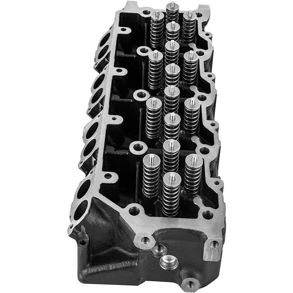 Engine cylinder head showing valve springs and coolant/oil passages, silver-gray cast metal.