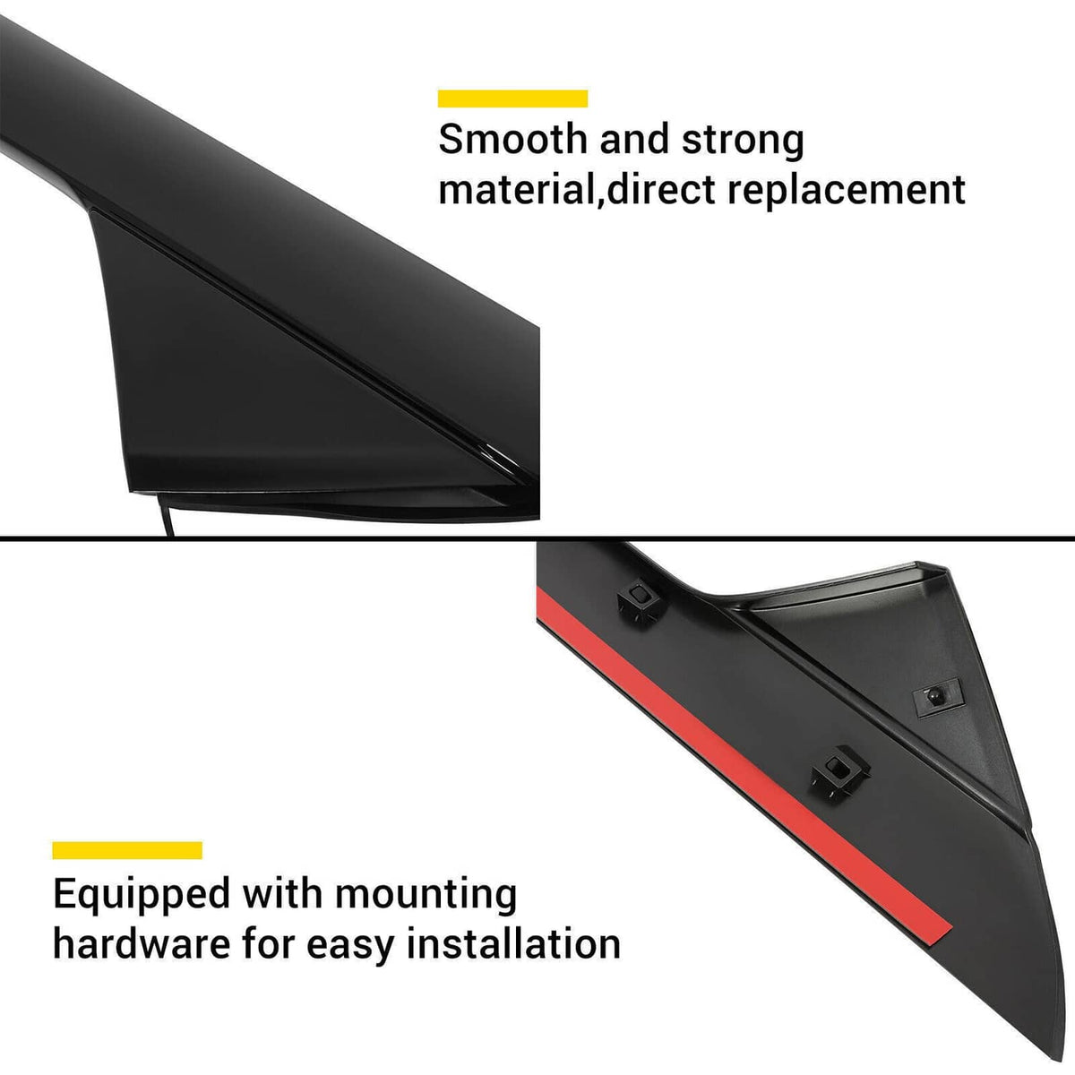 Windshield A-pillar molding trim, smooth black plastic with mounting hardware for installation