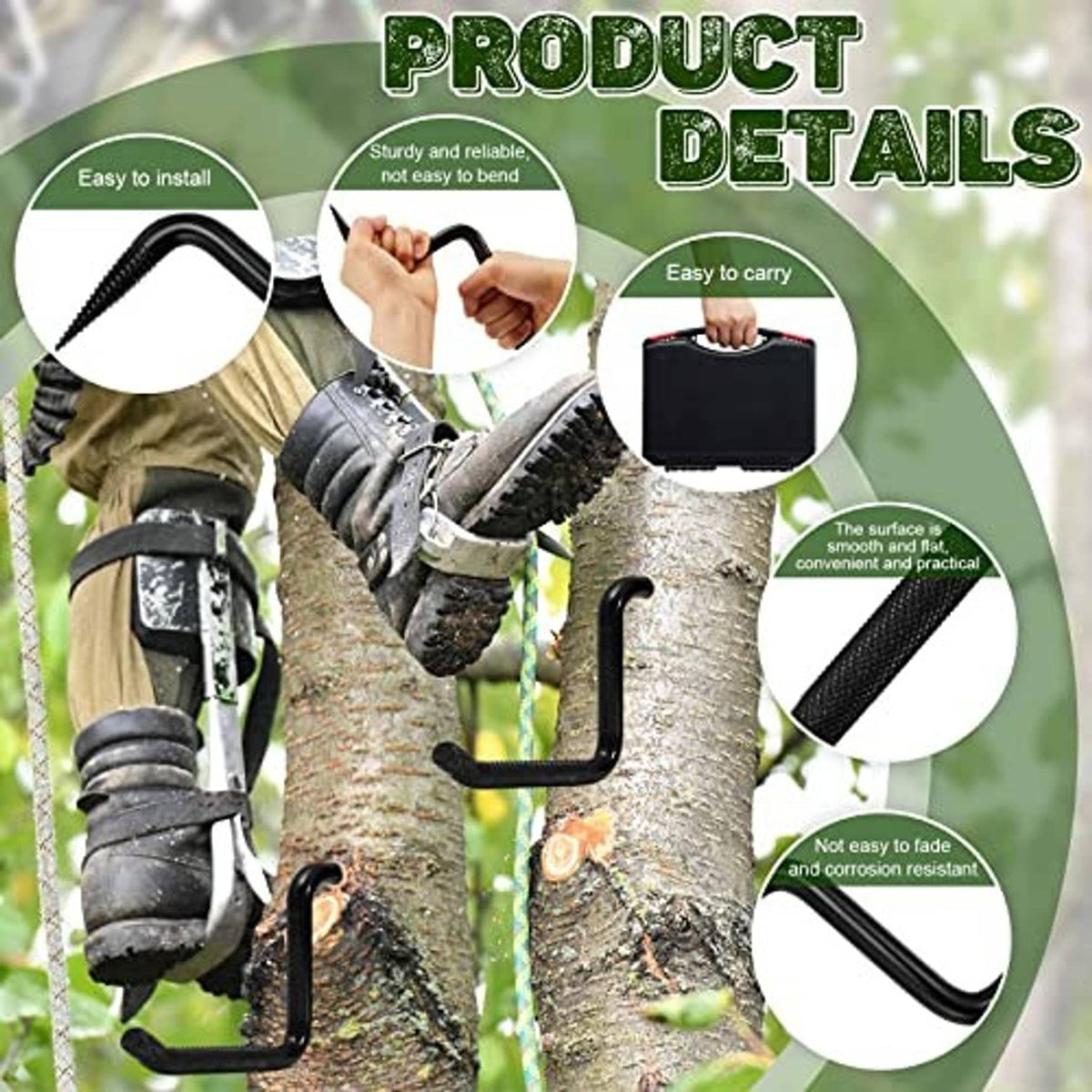 Tree step hooks on a tree trunk with mounting detail and black tool box