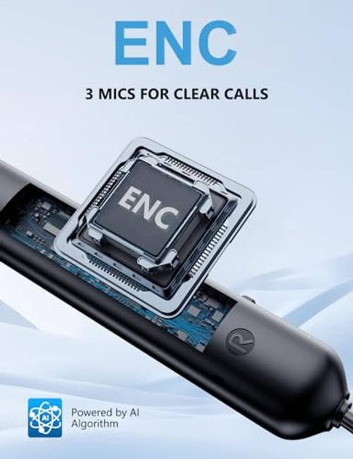 Black wireless neckband earbuds with inline mic module and exposed circuit area