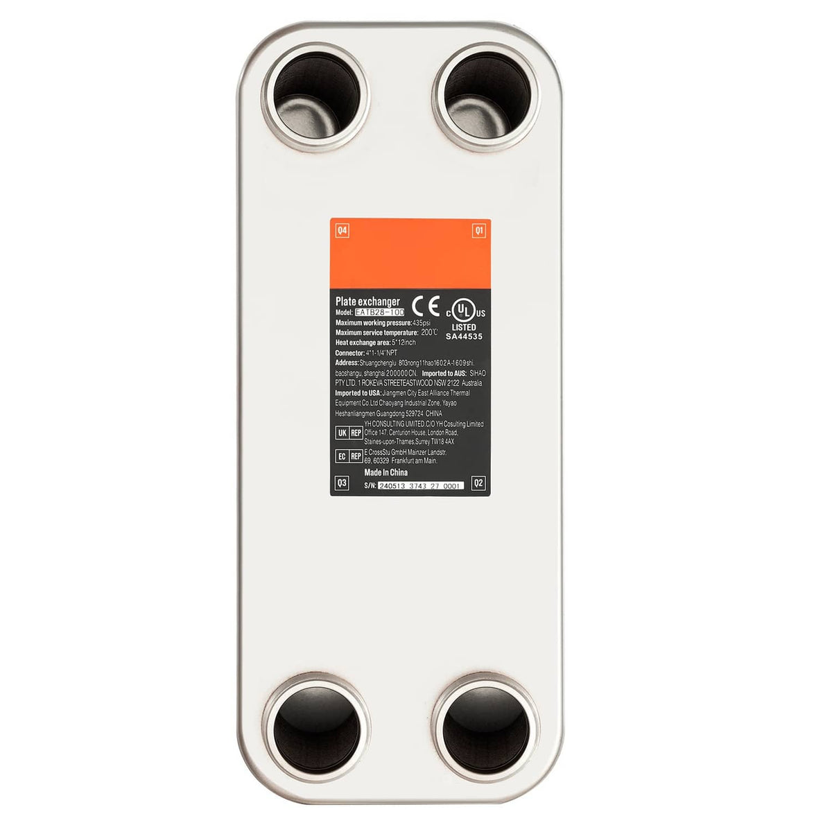 Stainless steel brazed plate heat exchanger with four threaded inlet/outlet ports
