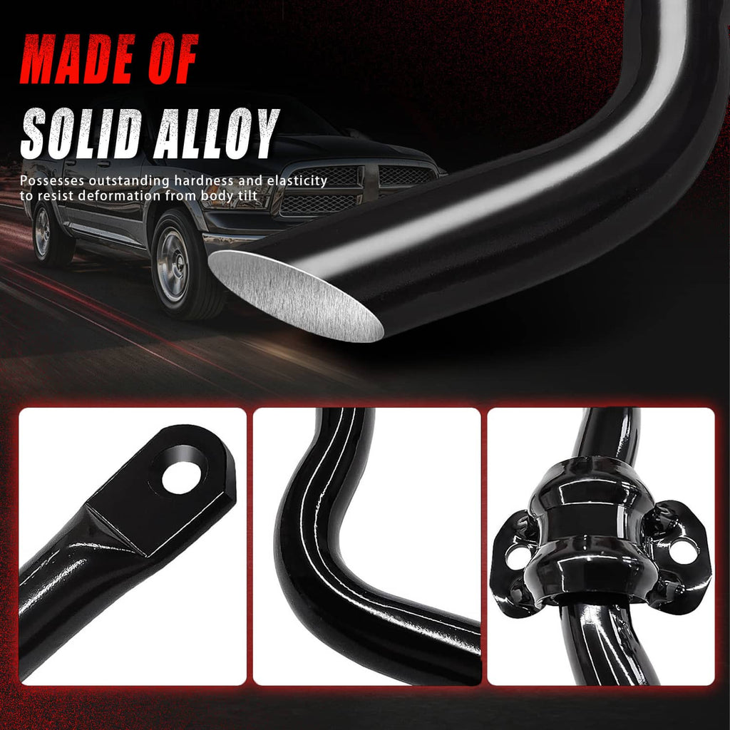 Black front sway bar bracket and bushing details with curved bar segment